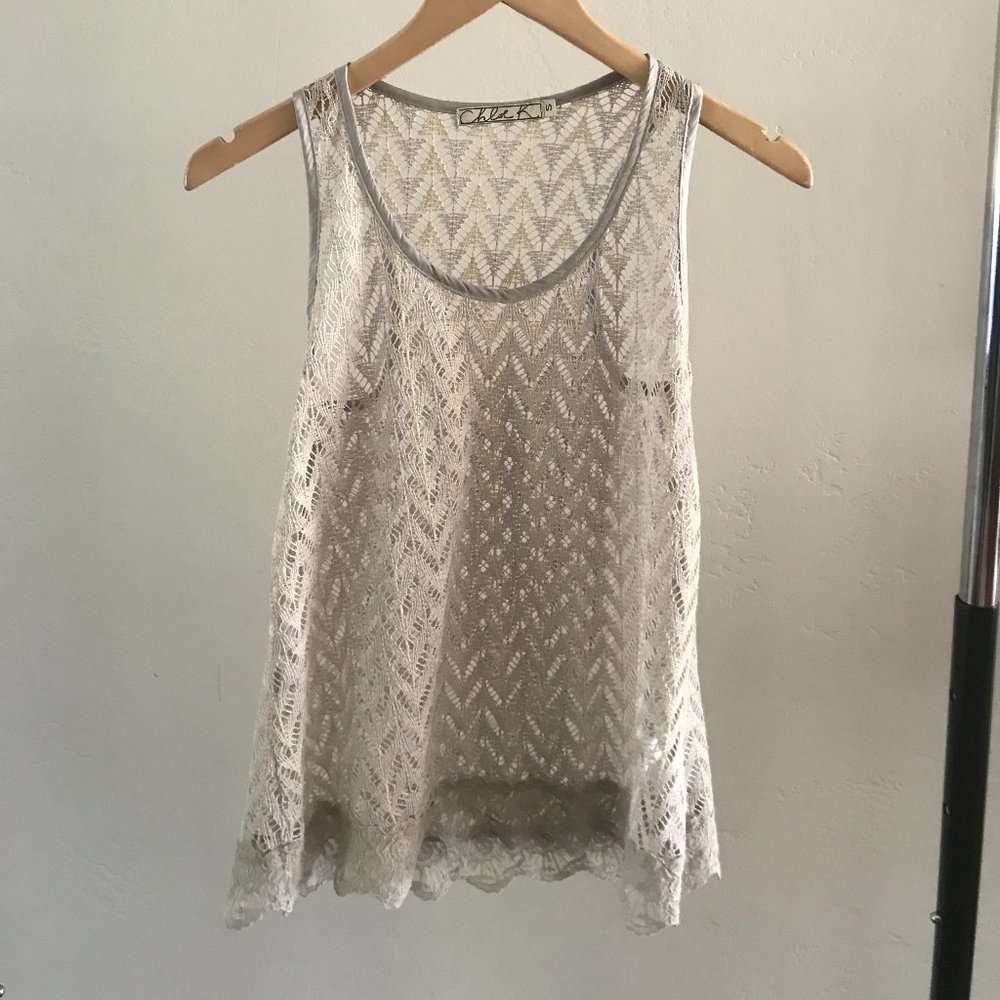 Embroidered Tank Top with Lace Detail at Bottom